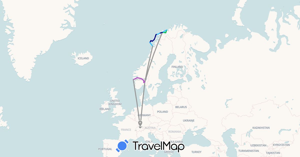 TravelMap itinerary: driving, bus, plane, train, boat in Switzerland, Norway (Europe)